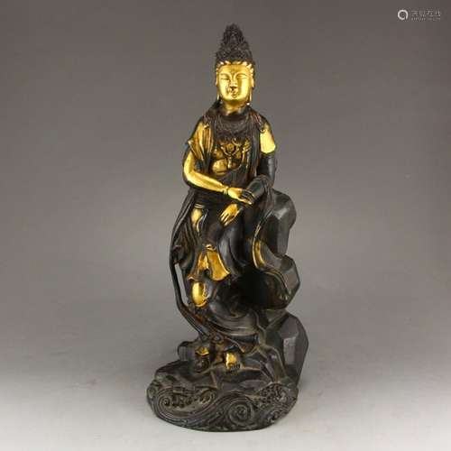 Vintage Chinese Gilt Gold Bronze Kwan-yin Statue