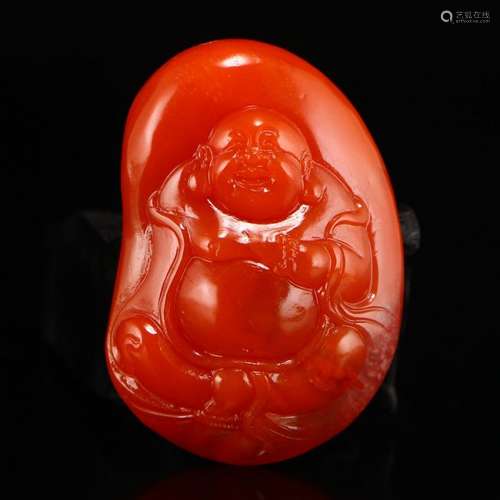 Chinese Natural Nan Hong Agate Laughing Buddha Pendant