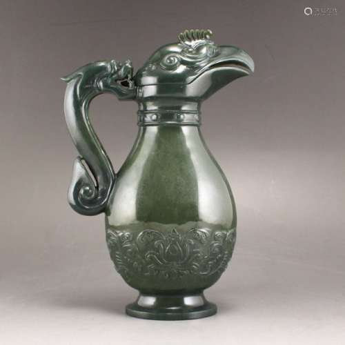 Superb Deep Green Hetian Jade Dragon Phoenix Wine Pot