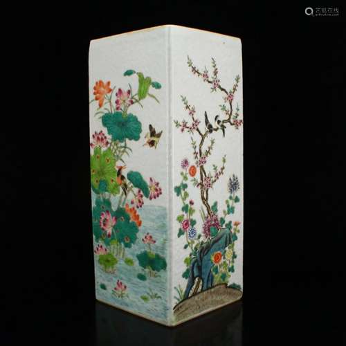 Famille Rose Porcelain Quadrate Flowers & Birds Vase