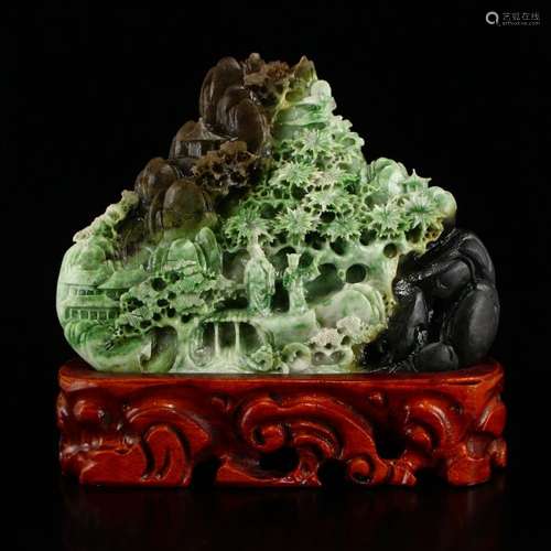 Chinese Natural Dushan Jade Sage & Pine Tree Statue