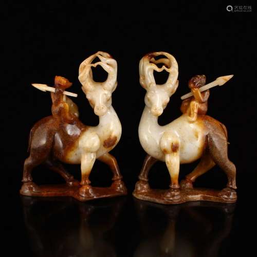 Pair Vintage Hetian Jade Figures & Fortune Deer Statues