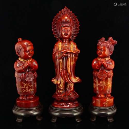 Set Shoushan Stone Statues - Kwan-yin & Fortune Kids