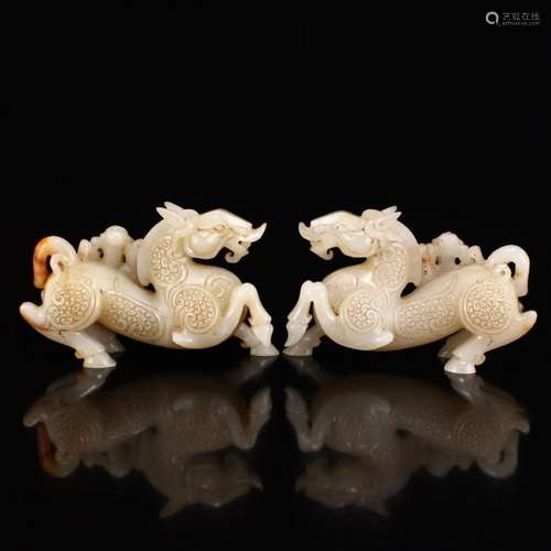 A Pair Chinese Hetian Jade Statues - Horses & Monkeys