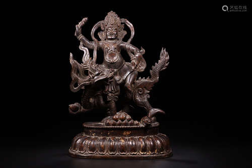 A CHENXIANG WOOD AND GOLD-GAINTED DESIGN CAISHEN BUDDHA