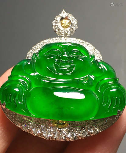 AN ICE SUN GREEN JADEITE DUDDHA PENDANT