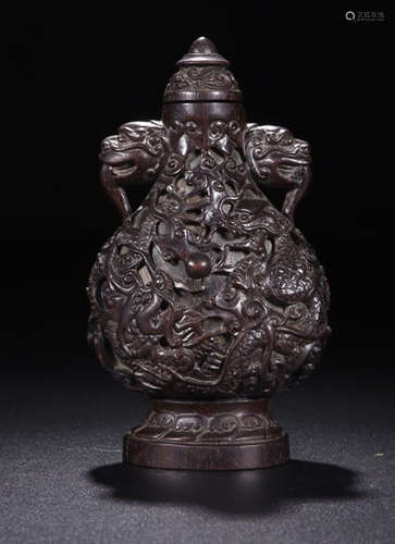 A ZITAN WOOD VASE WITH DRAGON PATTERN