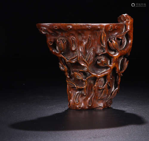 A BAMBOO CUP WITH ORCHID PATTERN