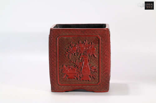 A RED LACQUER SQUARE PEN HOLDER