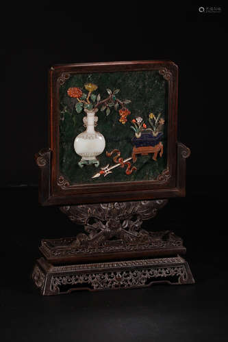 A ZITAN WOOD GEM EMBEDED LANDSCAPE SCREEN