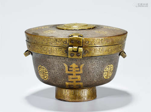 清中期 鐵錽金渦紋壽字銀碗盒