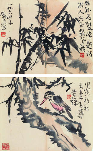 李苦禅（1899～1983） 花鸟二帧 镜框 设色纸本