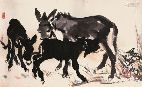 黄胄（1925～1997） 三驴图 镜片 设色纸本