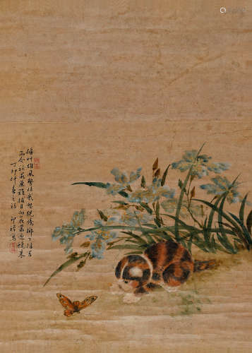 林千石（1918～1990） 猫蝶图 立轴 设色纸本