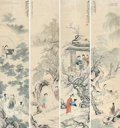 王素  人物 1794～1877  四屏轴  设色纸本