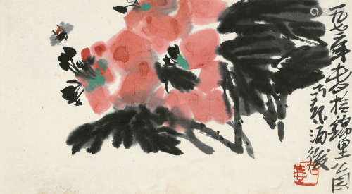 陈子庄 1972年作 花卉蜜蜂 1913～1976  镜片  设色纸本