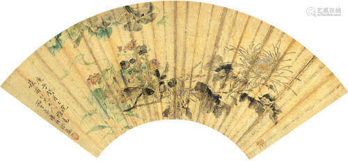 汤贻汾 1840年作 秋菊 1778～1853  扇片  设色泥金