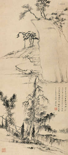 吕松壑 1837年作 董家山水 清  立轴  水墨纸本
