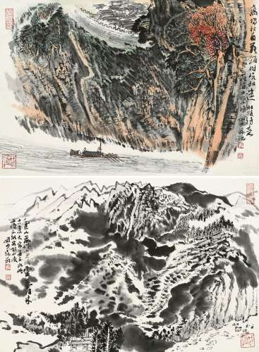 陆俨少  山水 1909～1993 （两帧） 镜片  设色 水墨纸本