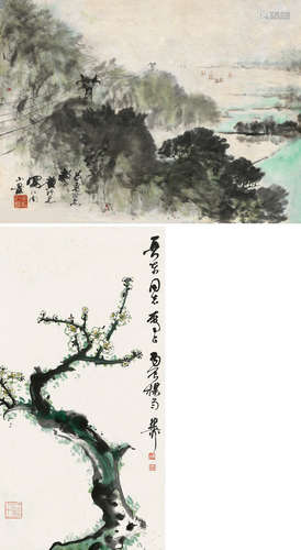 黄纯尧*谢稚柳  山水 花卉 1925～2007*1910～1997 （两帧） 纸片  设色纸本