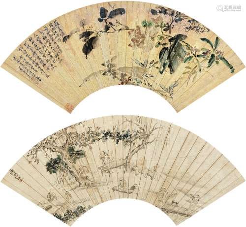 王素  纳凉图 花卉 1794～1877  扇片  设色纸本 设色泥金