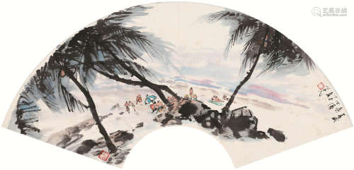 杨之光（1930～2016） 1997年作 夏威夷之滨 扇面 设色纸本