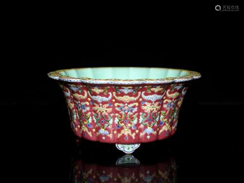 A Chinese Coral-Red Ground Famille-Rose Porcelain Planter