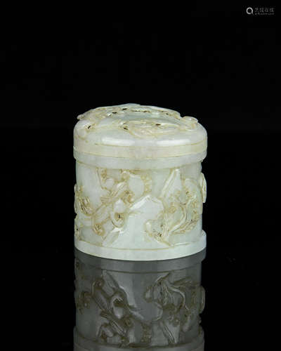 A Chinese Carved Jade Round Box with Cover