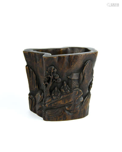 A Chinese Carved Agar Wood Brush Pot