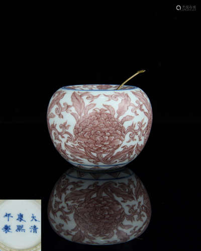 A Chinese Iron-Red Glazed Porcelain Water Pot with Spoon