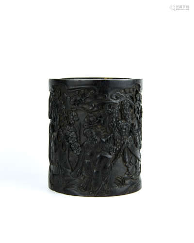 A Chinese Carved Zitan Brush Pot