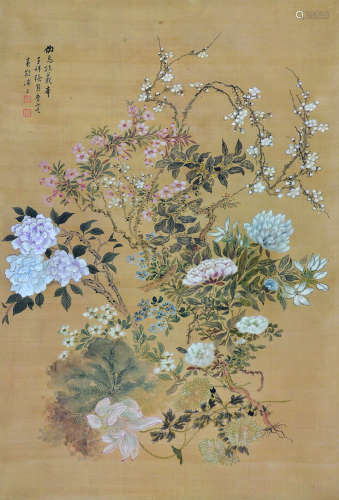 张熊 折枝花卉 设色绢本立轴
