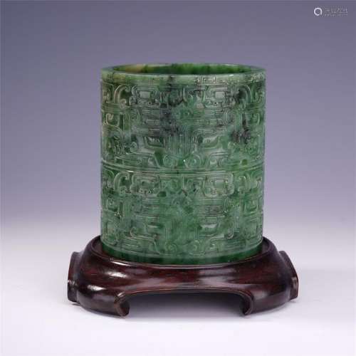 A Finely Carved Sipnach Green Jade Brush Pot