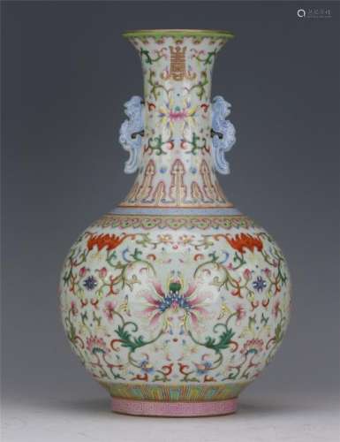 A Chinese Famille Rose 'Lotus' Vase with Twin Handles