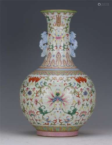 A Chinese Famille Rose 'Lotus' Vase with Twin Handles