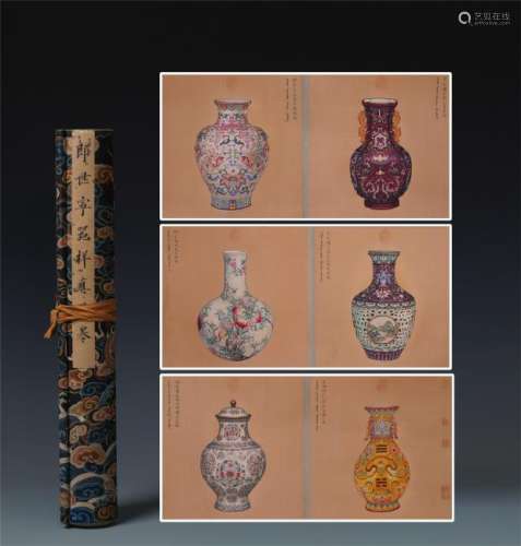 A Chinese Hand Scroll Painting of  Porcelain by Lang