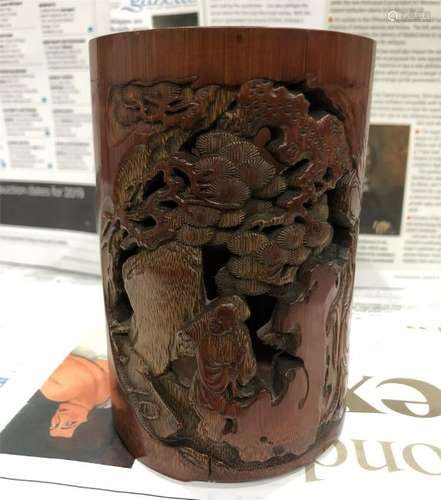 A Chinese Carved Bamboo Openwork Brush Pot of Figures