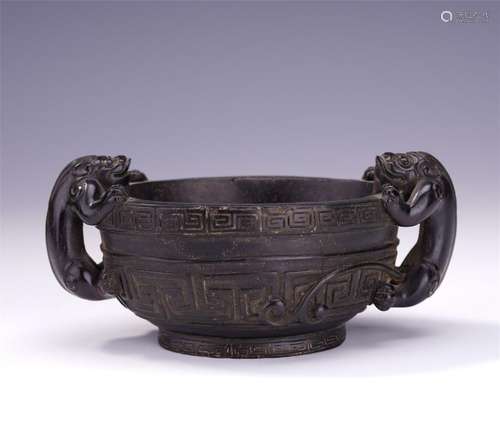 A Chinese Carved Zitan Censer with 'Chi Dragon 'Handles