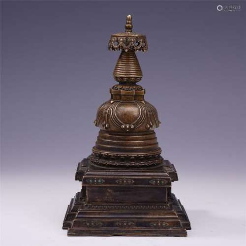 A Chinese Carved Bronze Pagoda With Inlaid Precious