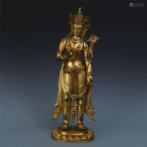 A Chinese Gilt Bronze Figure of Standing Tara Inlaid