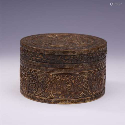 A Chinese  Carved Gilt Bronze Circular Box Carved with
