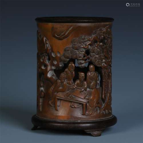 A Chinese Carved Boxwood Openwork Brush Pot with Figure