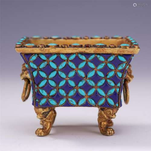 A Chinese Gilt Bronze Rectangular  Censer Inlaid with