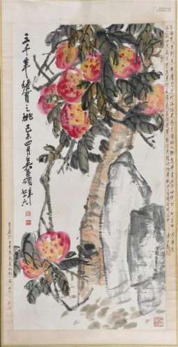 A Chinese Painting Hanging Scroll of Peach by Wu
