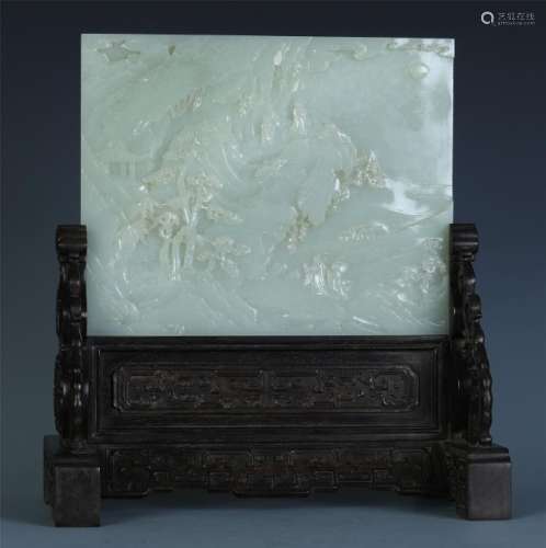 A Chinese Carved White Jade Landscape Table Screen