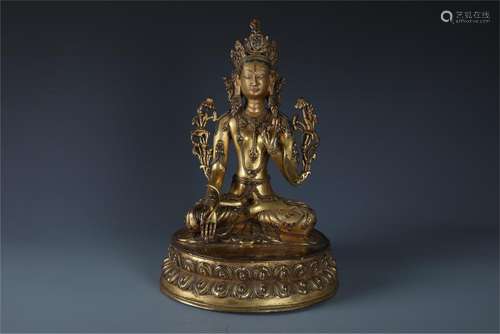 A Chinese Carved Gilt Bronze Figure of  Manjushri