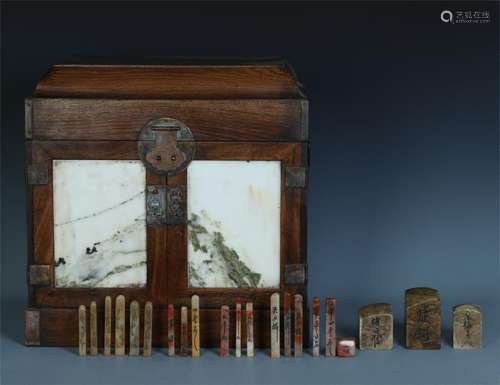 A Chinese Huanghuali Scholar Chest and Soapstone Seal