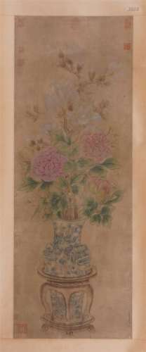A Chinese Painting Hanging Scroll of Flowers by Qian