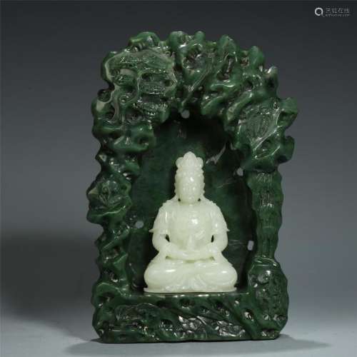 A Chinese Spinach Green Jade Shrine and Carved White