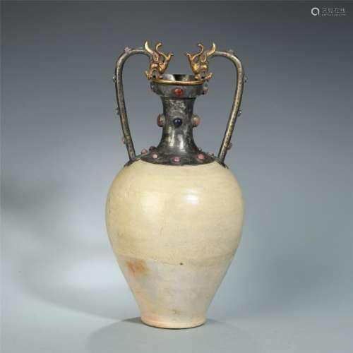 A Chinese Blanc De Chine Gilt Silver Vase with Twin